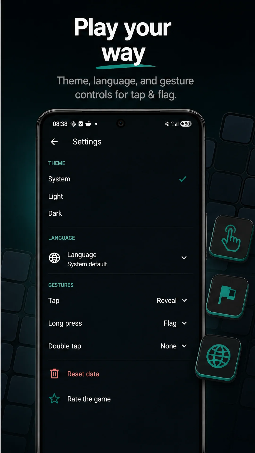 Settings — theme, language and gesture controls